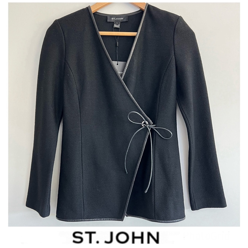 ST. JOHN Black Wool Blend Leather Trim Waist Tie Long Sleeve Jacket Blazer Sz 2